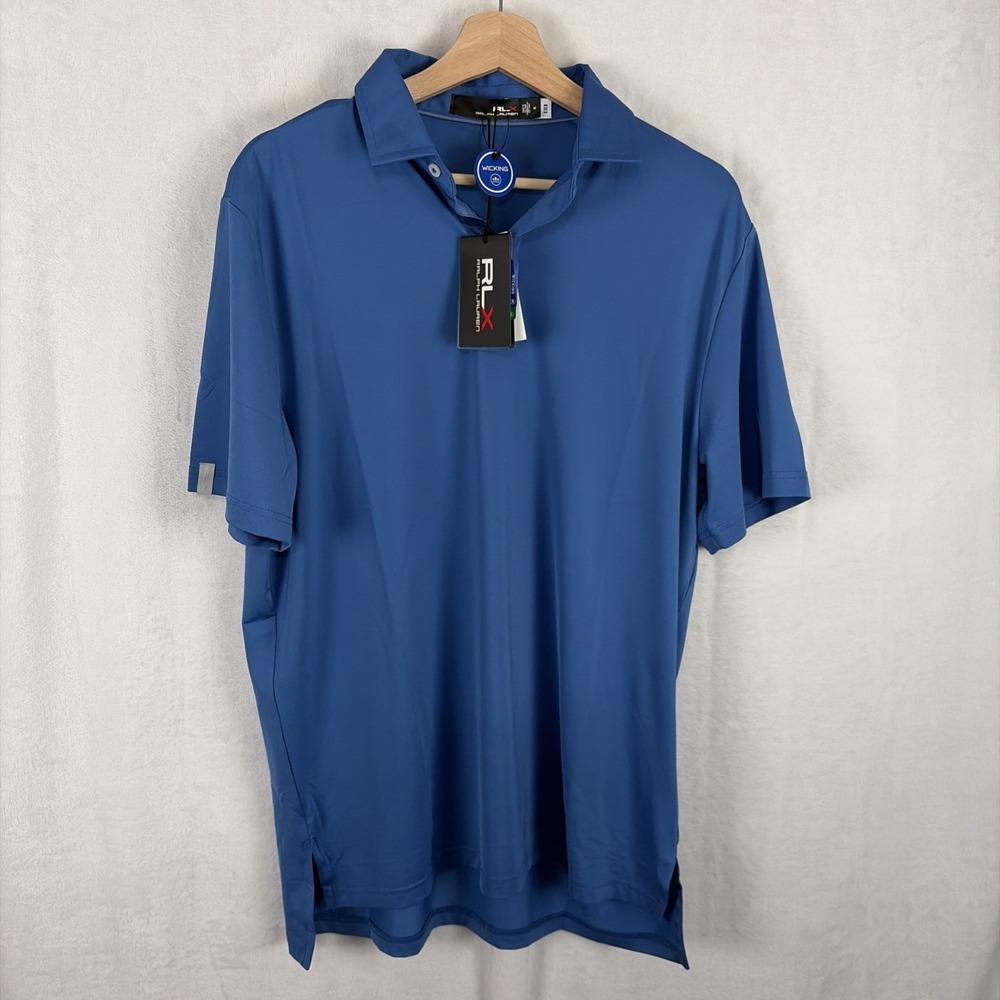 RLX Ralph Lauren Golf Short Sleeve Golf Polo Shirt Size Medium Blue Wicking NWT